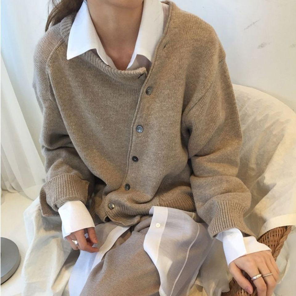 Women's Autumn Winter Sweater with Oblique Buttons and Irregular Design, Cardigan, Knitted Jacket