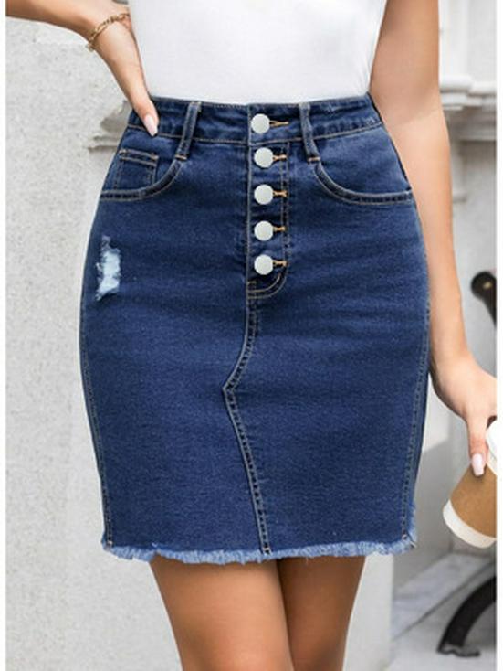 Women's High Waist Ripped Denim Mini Skirt - Slim Fit, Raw Hem, Single-Breasted, European & American Style