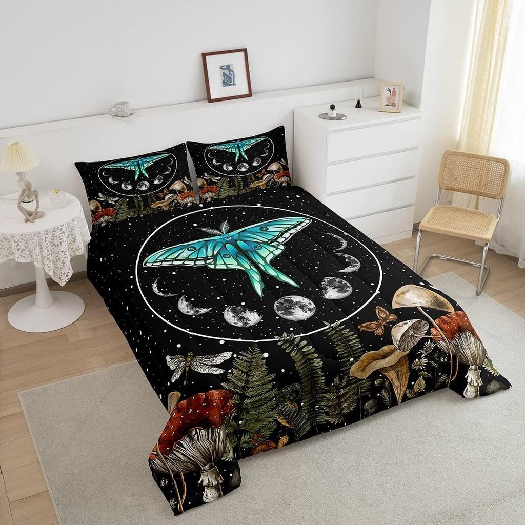 Death Moth Comforter Hippy Mushroom Bedding, Boho Moon Phase Bedding Sets & Collections Bohemian Twin Comforter Set, Luxury Vintage Quilt Co
