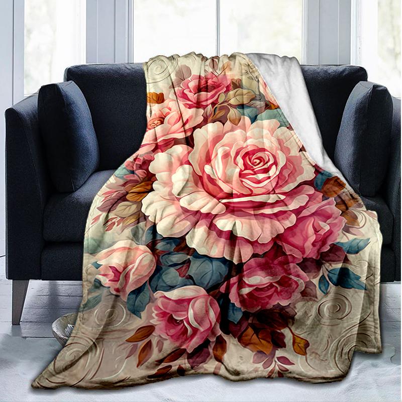 Floral Art Print Flannel Blanket, Soft Warm Lightweight Throw Blanket for Living Room,Sofa Bed Camping Office