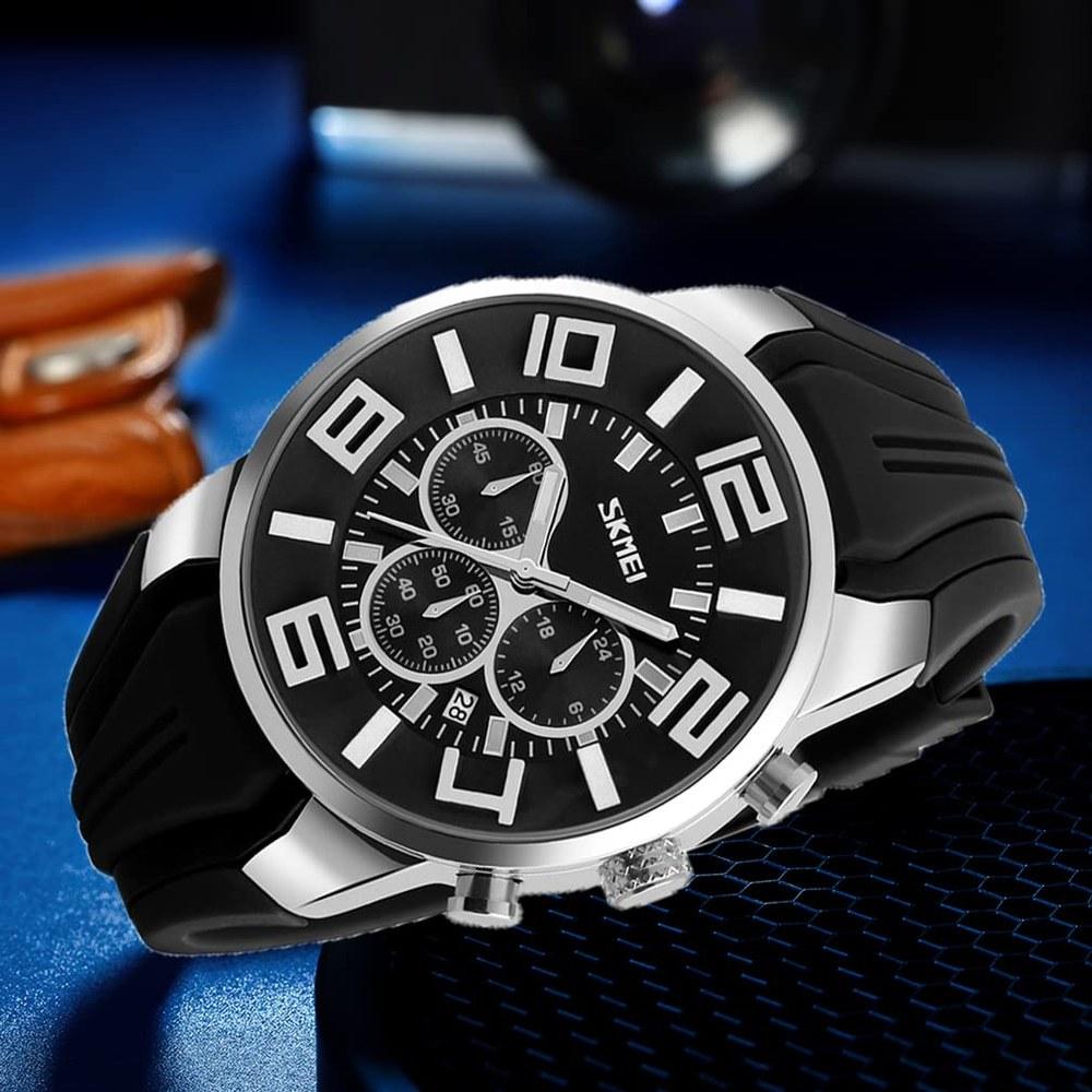 SKMEI Men's Silicone Casual Sports Watch Big Face Waterproof Chronograph Analog Date Luminous Black High-End Gift