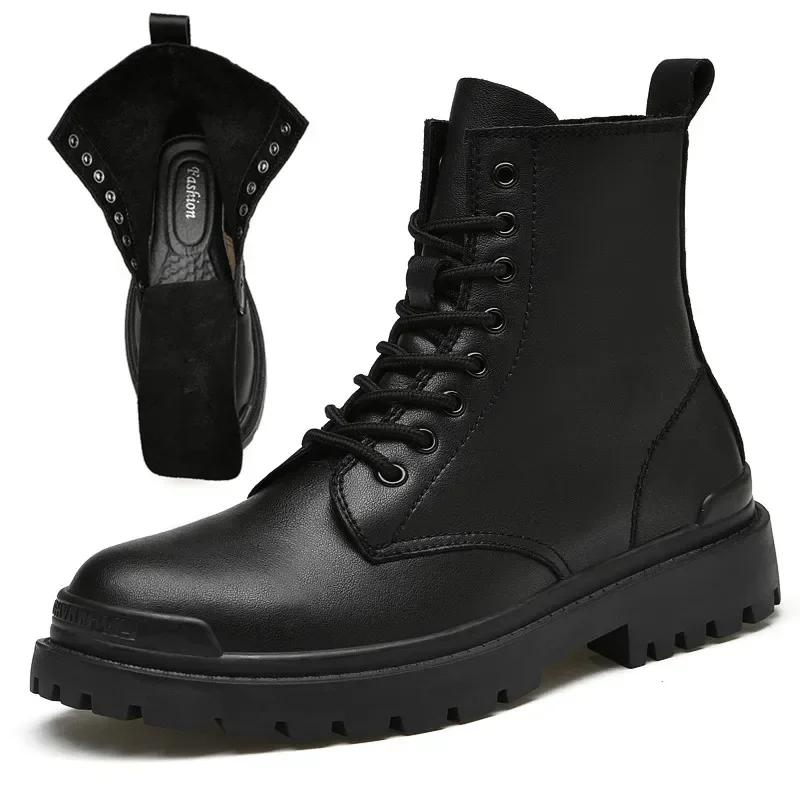 Fashion Genuine Leather Motorcycle Boots Men Winter Warm Snow Ankle Boots Man Quality Outdoor Shoes Leisure Walking Shoes Big Size 38-48