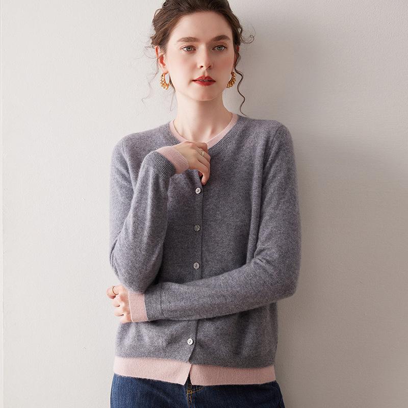 2025 Autumn/Winter Women's Cashmere Color Block Round Neck Loose Cardigan Sweater - Elegant Fashion Knitwear Outerwear