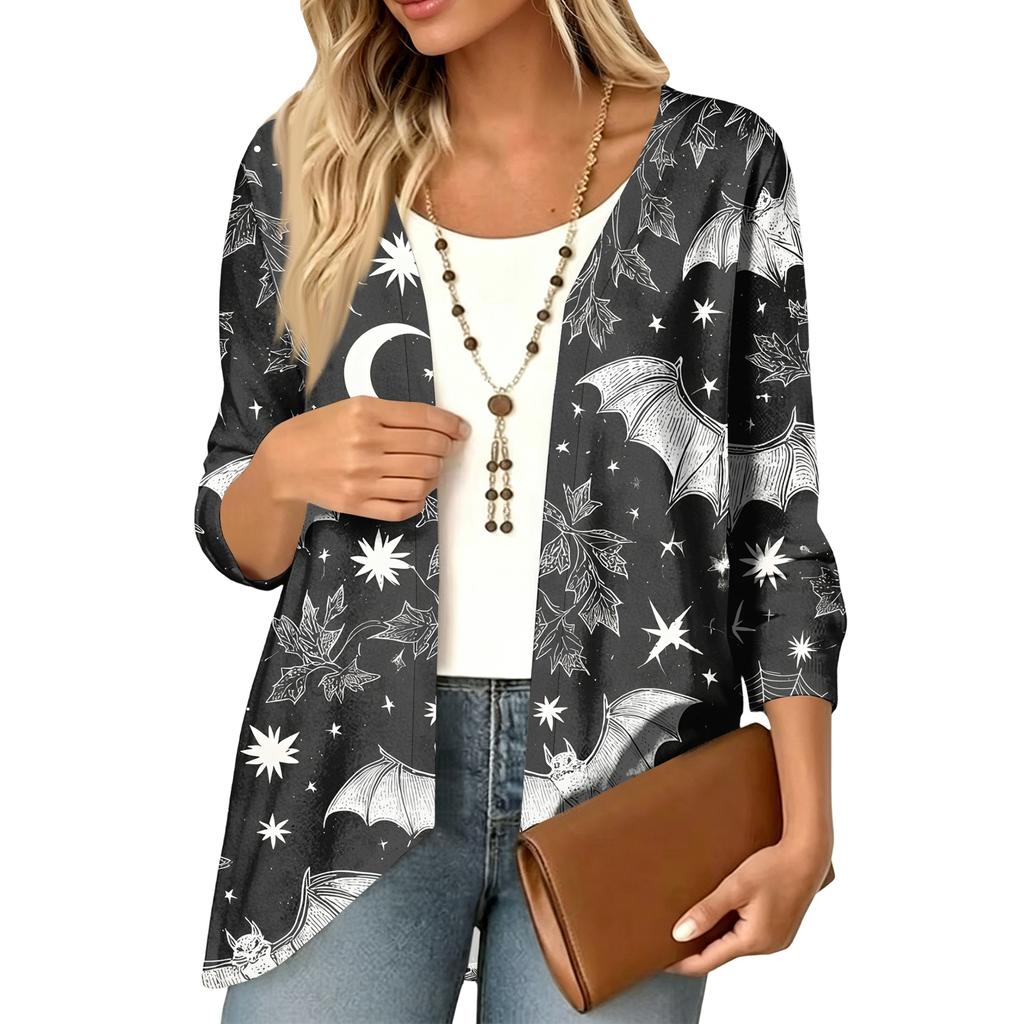 Women's Halloween Print 3/4 Sleeve Lightweight Loose Fit Cardigan for Casual Wear