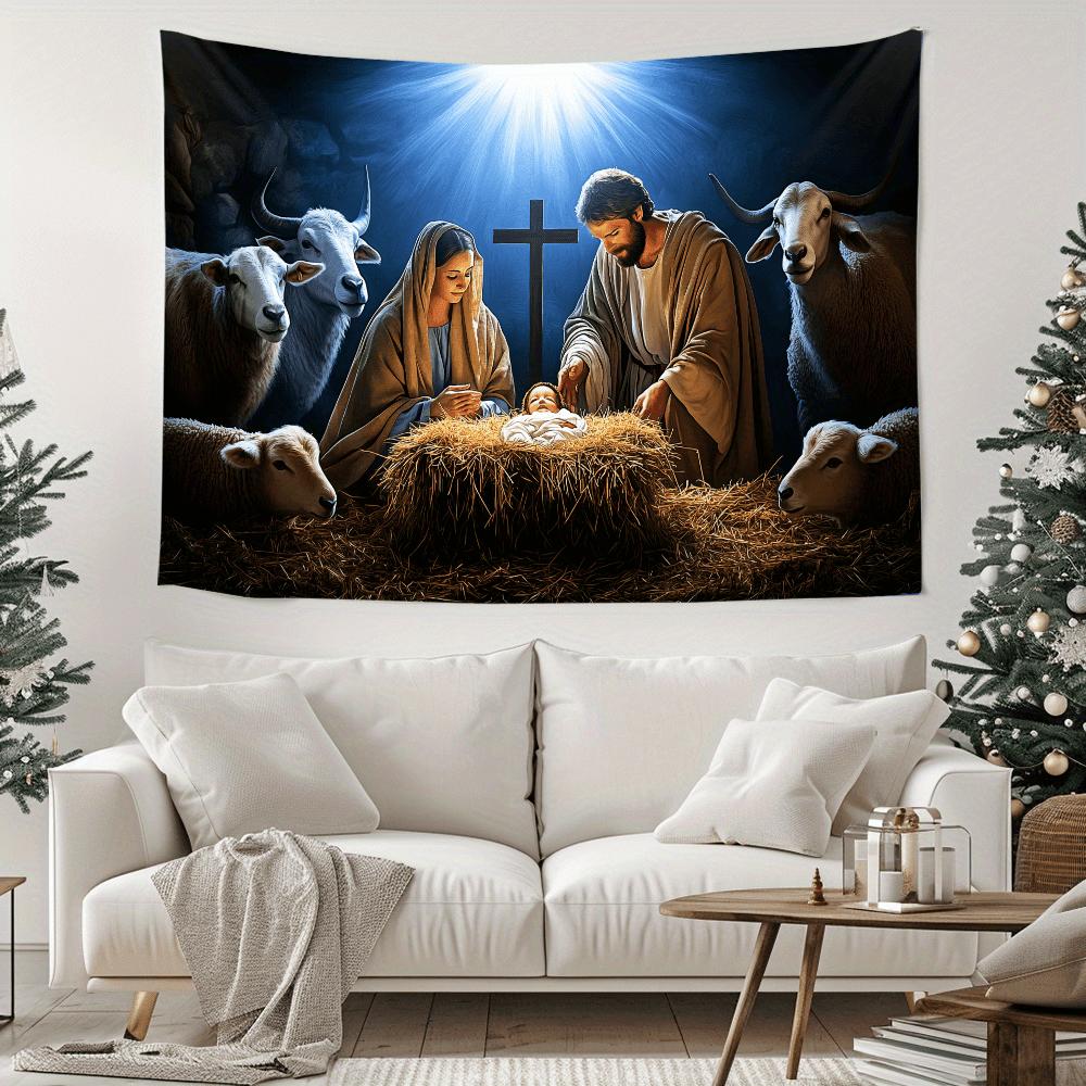 Jesus Nativity Tapestry Wall Hanging Baby Jesus Mary Joseph Manger Scene Religious Christmas Decor For Living Room Bedroom Home