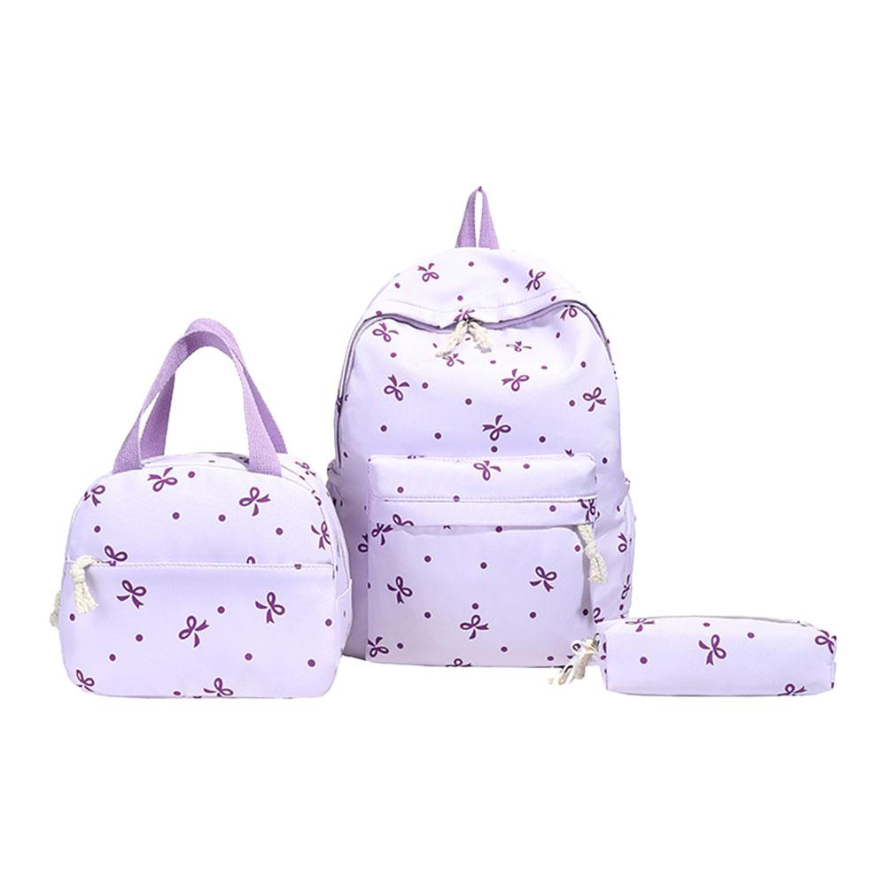 3Pcs Simple Backpack Set with Handbag & Pencil Case All-Match School Bag Bowknot Printed Cute Bowknot Backpack Trip Backpack