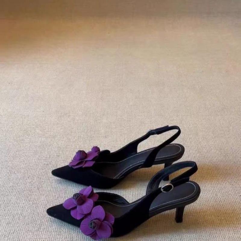 Fashion Retro Pointed Toe Stereo Flower Baotou Sandals Women Stiletto Heel Back Trip Strap with Skirt Sandals Women Outside Wear