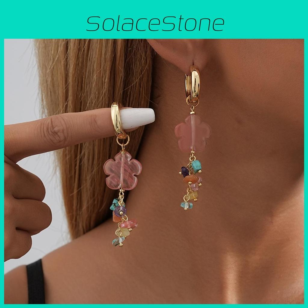 Natural Trendy Irregular Stone Flower Tassel Earrings Fashion Womens