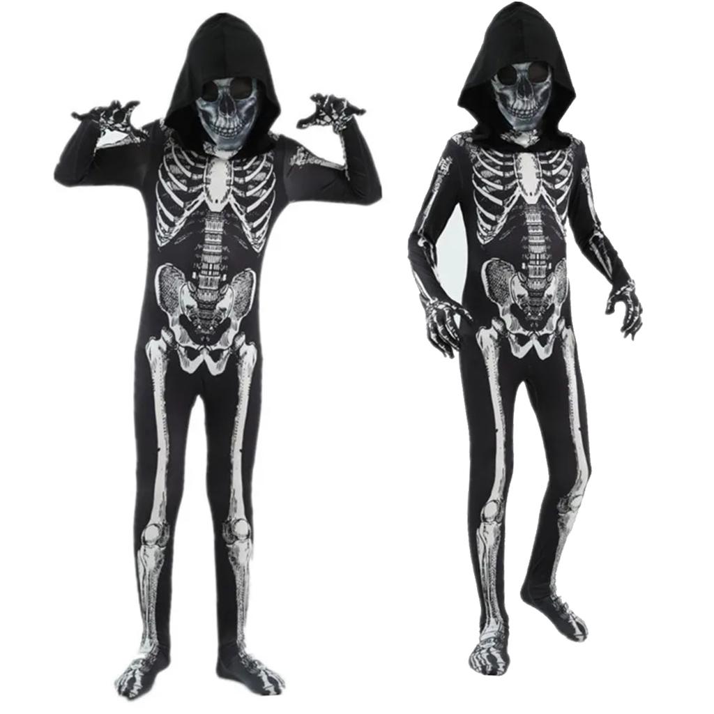Scary Halloween Kids Hooded Costume Scary Skeleton Grim Reaper Costume Boys Spooky Costume Mardi Gras Party Costume