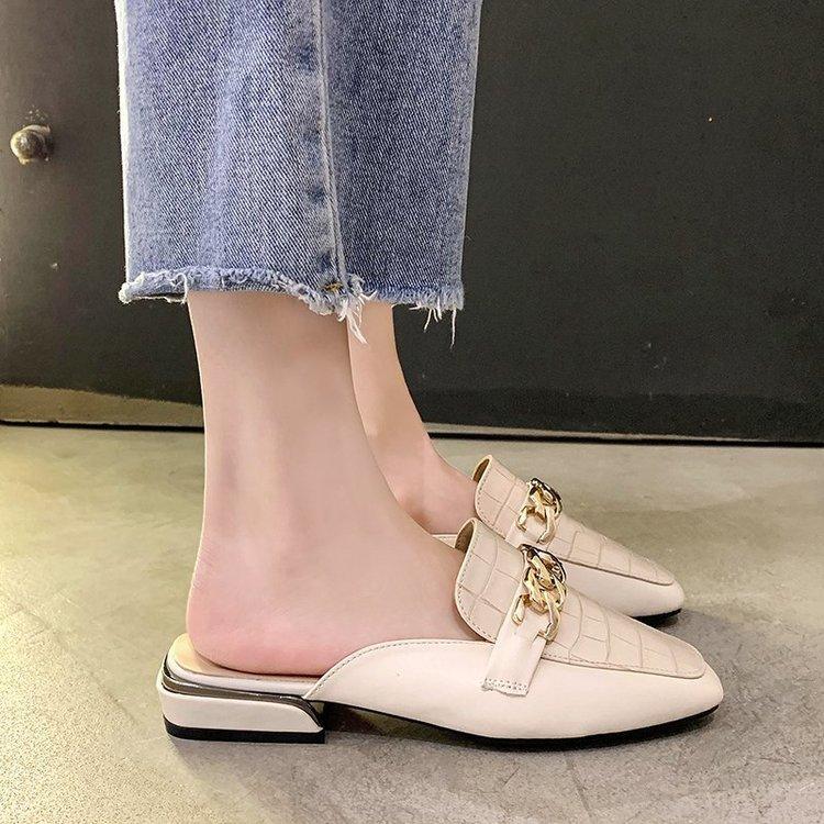 Muller Schuhe Damen Frühling und Sommer Neu Außenhandel Große Größe Tasche Kopf Halber Pantoffel Vielseitig Quadratischer Kopf Niedriger Absatz Coole Hausschuhe