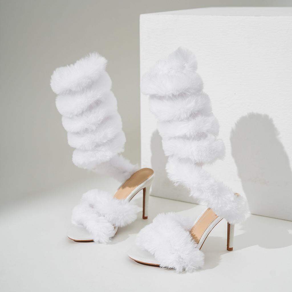 Fashion Ins style Furry fur Serpentine winding Women Sandals Sexy Ankle strap High heels Gladiator sandals Summer Female Pary Prom Shoes