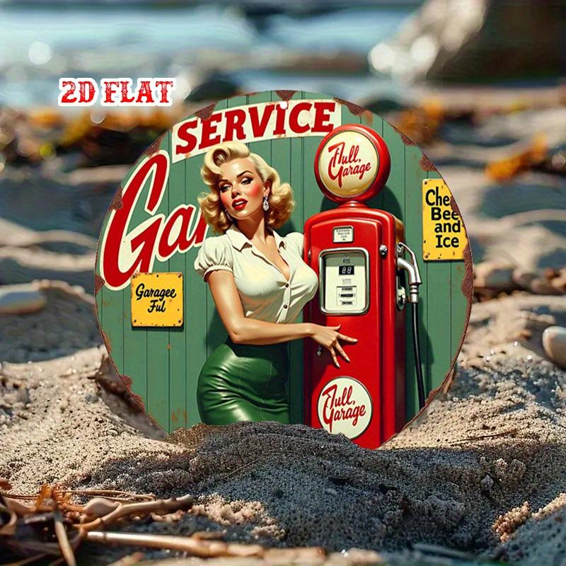 Vintage Pin-Up Girl Gas Pump Round Aluminum Sign