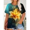 Fashion Women's Crew Neck Short Sleeve 3D Flower Color Printing Flower Short Sleeve Crew Neck T-Shirt