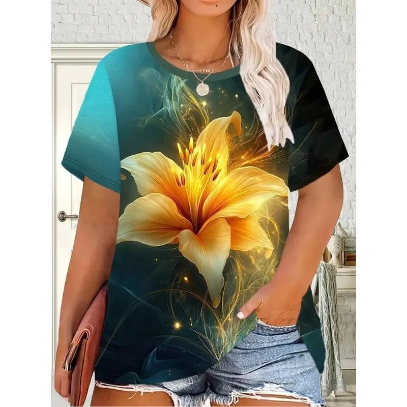 Fashion Women's Crew Neck Short Sleeve 3D Flower Color Printing Flower Short Sleeve Crew Neck T-Shirt