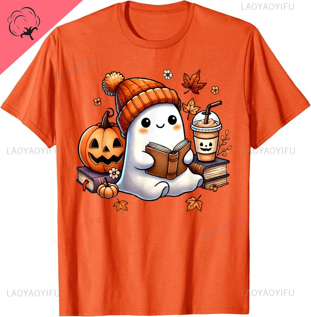 Cute Ghost Reading Book Lovers Halloween Ghost Coffee Unisex Tshirt Cotton Unisexs Tshirts Kawayi Graphic T Shirts