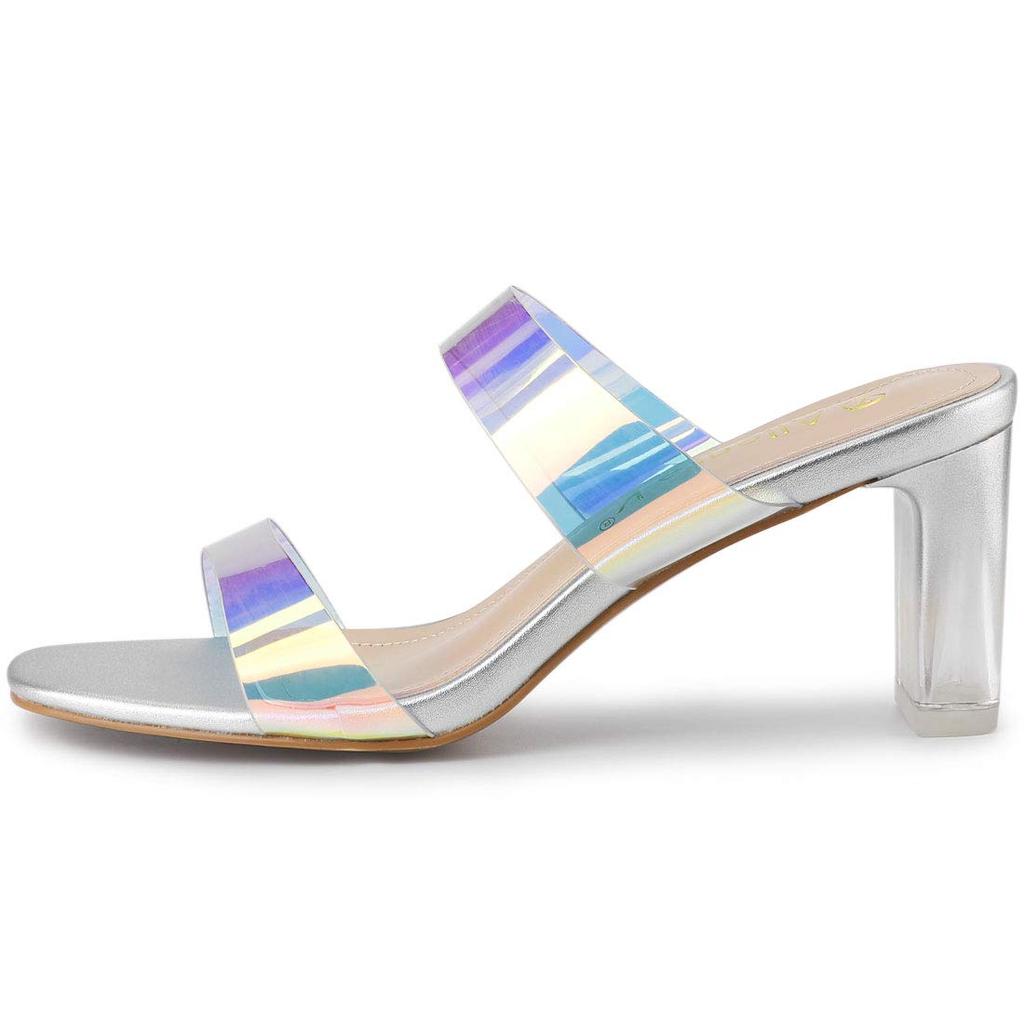 Allegra K Women's Mule Sandals, Slides, Clear, Colorful, Chunky Heel, Silver, Size 25.0cm