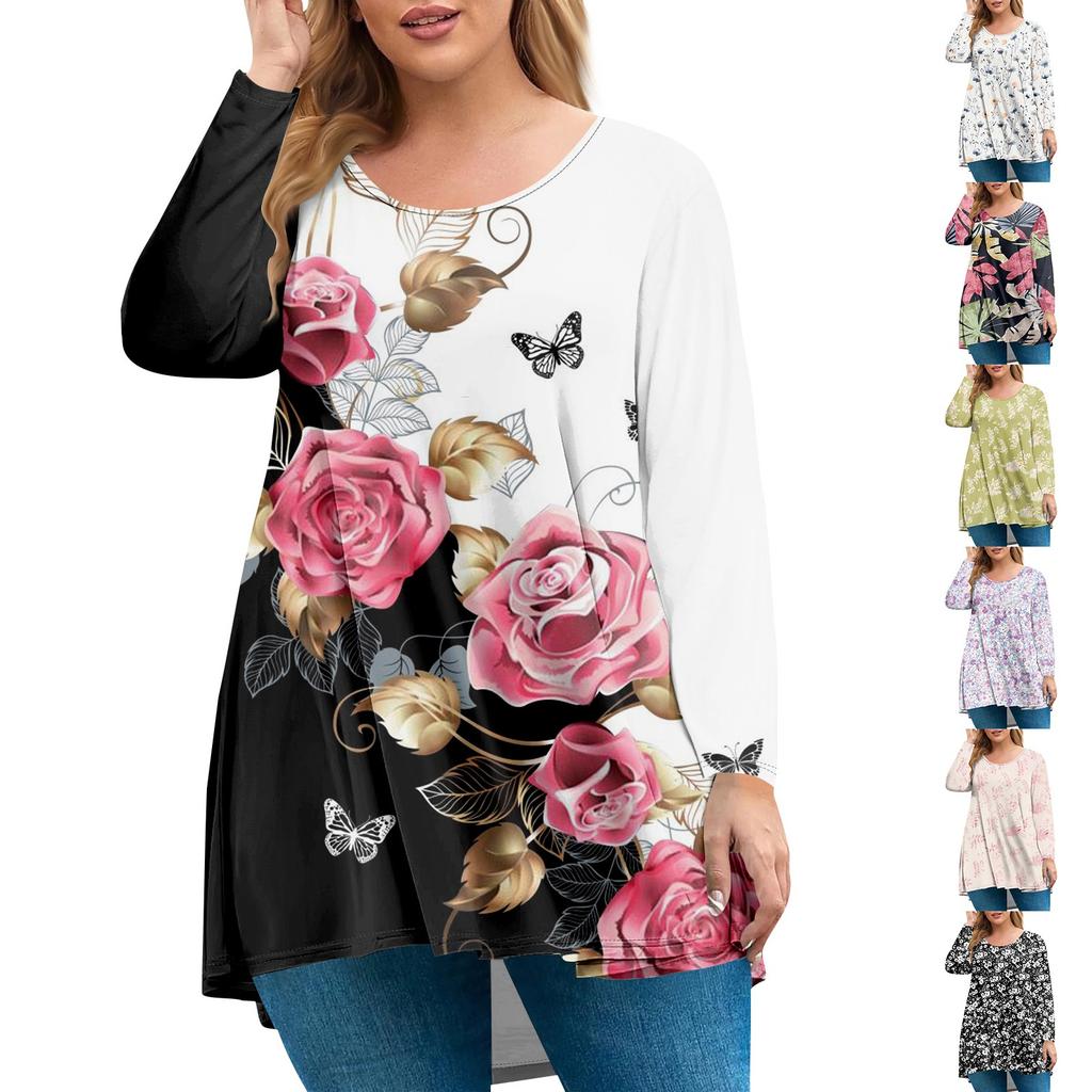 Women's plus size top, garden collar long sleeved shirt, fashionable floral print casual top