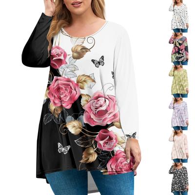 Women's Plus Size Top, Garden Collar Long Sleeved Shirt, Fashionable Floral Print Casual Top