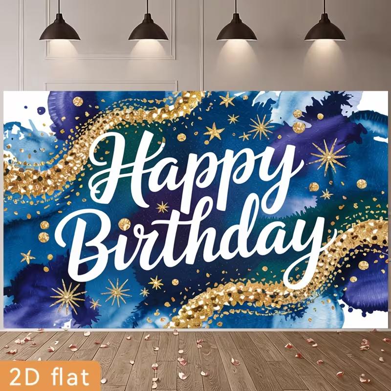 

2D Birthday Photography Backdrop Blue Gold Watercolor with Star and Confetti Background 47.2x31.5inch/120*80cm