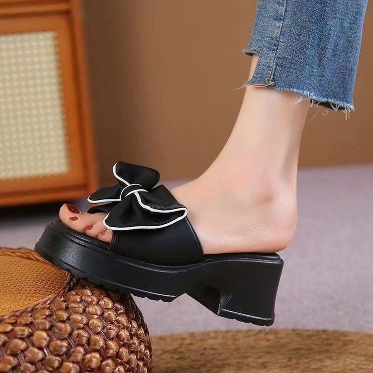 Cool Slippers Women's Summer Outer Wear Fashion 2024 New Versatile Muffin Thick Bottom Heightening Bow Women's Wedge Slippers
