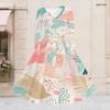 Women Plus Size V Neck Long Sleeve Printed Light Blue A Line Flared Dress With Belt