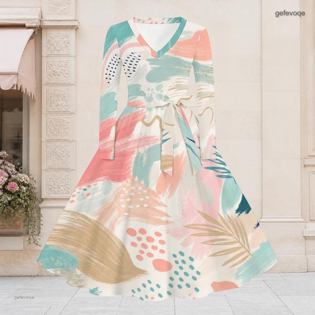 Women Plus Size V Neck Long Sleeve Printed Light Blue A Line Flared Dress With Belt