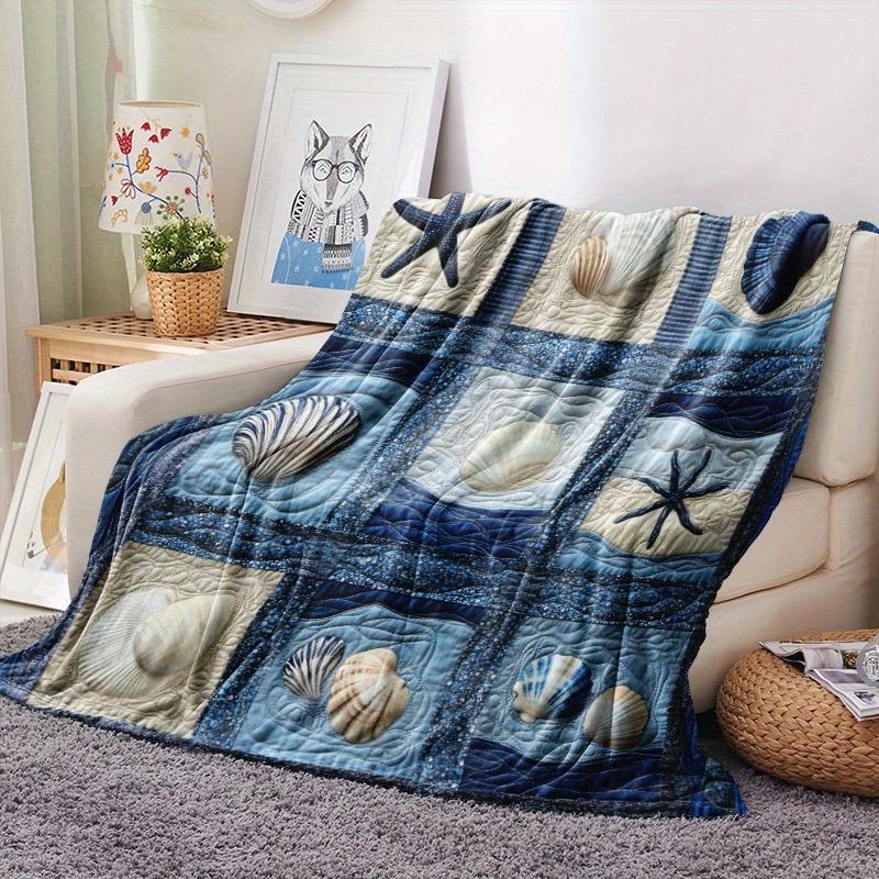 [1 Stück Vintage Decke] Gemütliche Vintage Maritime 1 Stück Seestern und Muschel Patchwork Flanelldecke | Weicher Polyester Strickstoff