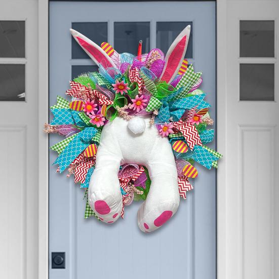 Yousheng Electric Easter Bunny Wreaths for Front Door Handmade Easter Rabbit Mesh Bow Garland Plush Bunny Butt Door Ornament for Outside Wall Window