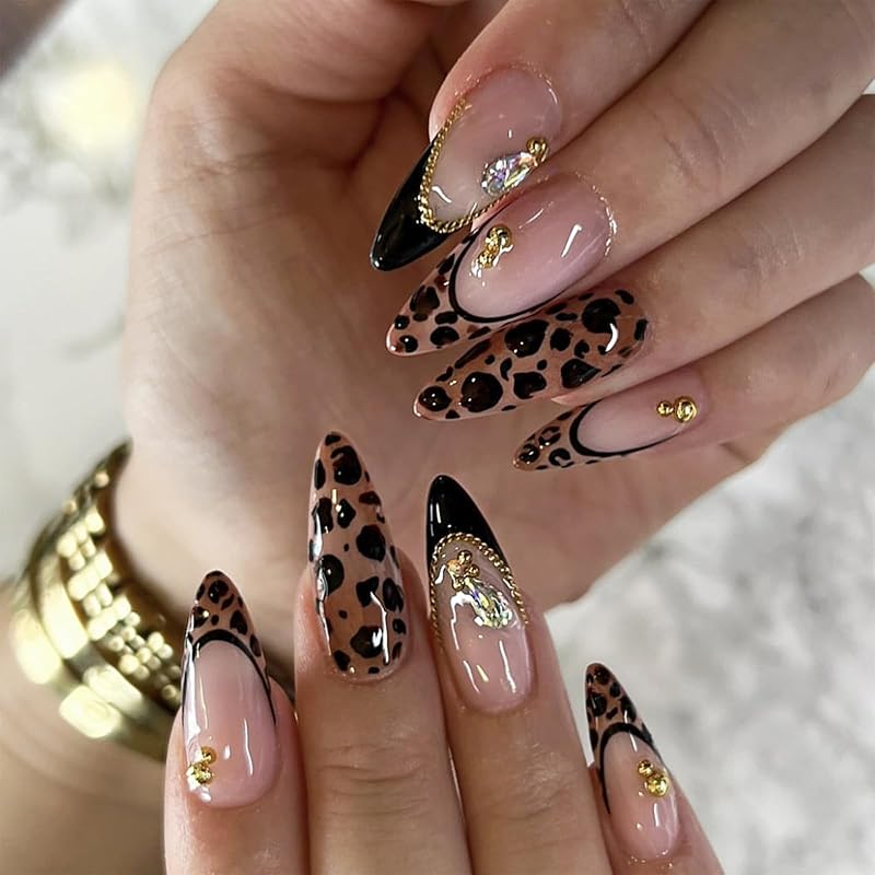 Pink French Tip Press on Nails Medium Almond Fake Nails with 3D Flower Designs Glossy Acrylic False Nails Golden Bead Artificial Glue on Nail