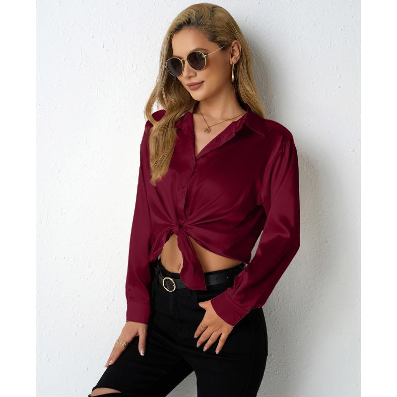 Women's Satin Shirt Simple V-neck Button Blouse Loose Long Sleeved Blouses & Shirts