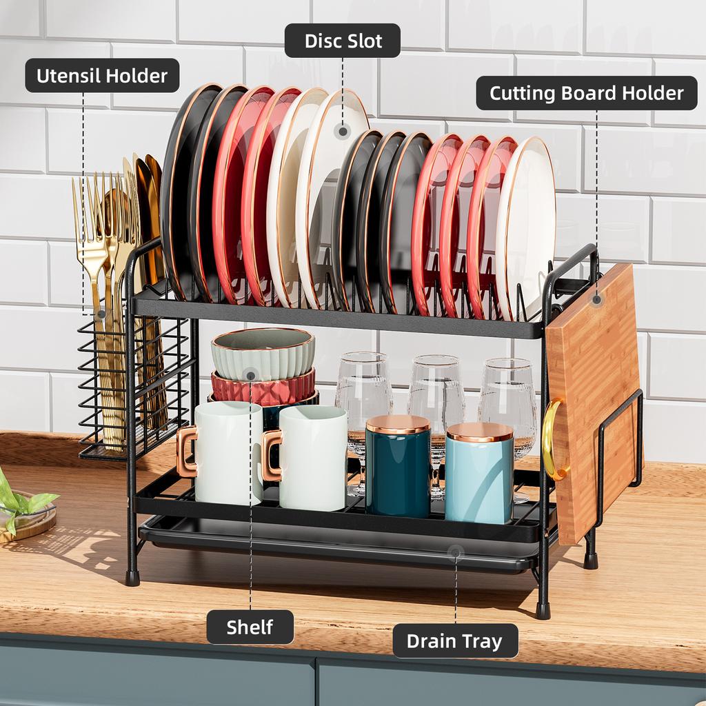 Dish Drying Rack - Dish Rack for Kitchen Counter, 2-Tier Kitchen Organizers and Storage Rack with Drainboard and Cutlery Holder