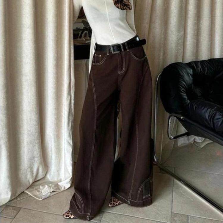 LUXEON Big Size Brown Baggy Jeans Women Retro Upside Down Stitch Seamed High Waist Wide Leg Pants Hip Hop Korean Streetwear