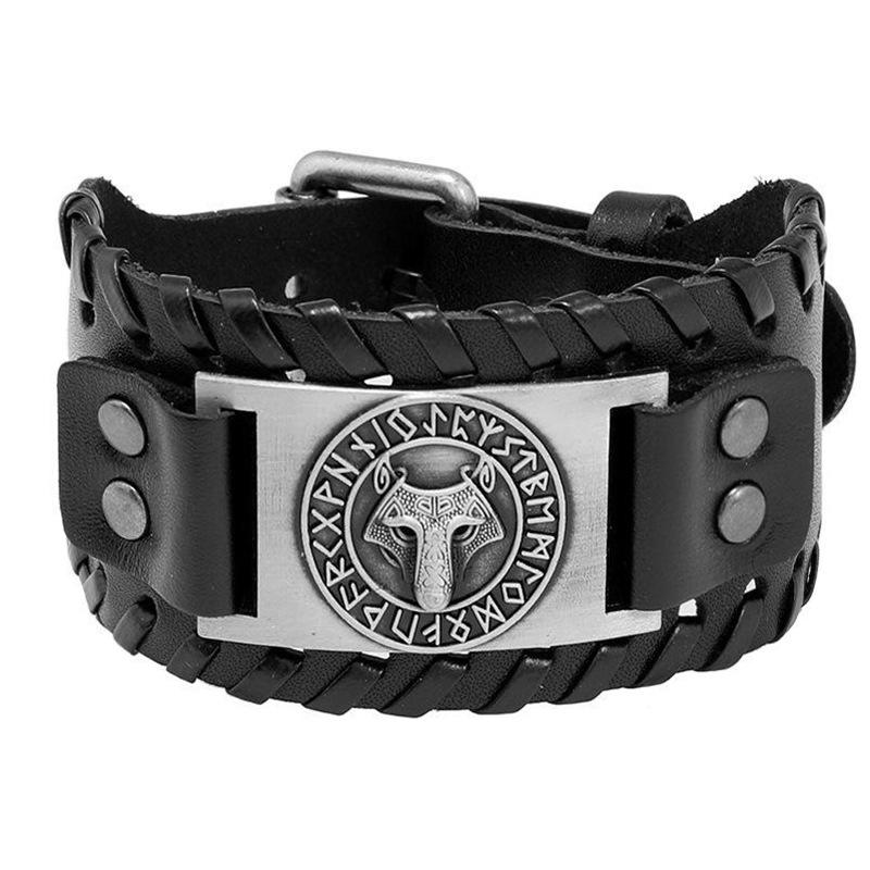HNSP Wolf Rune Wrap Viking Leather Bracelet For Men Vintage Wide Bracelet Male  Accessory