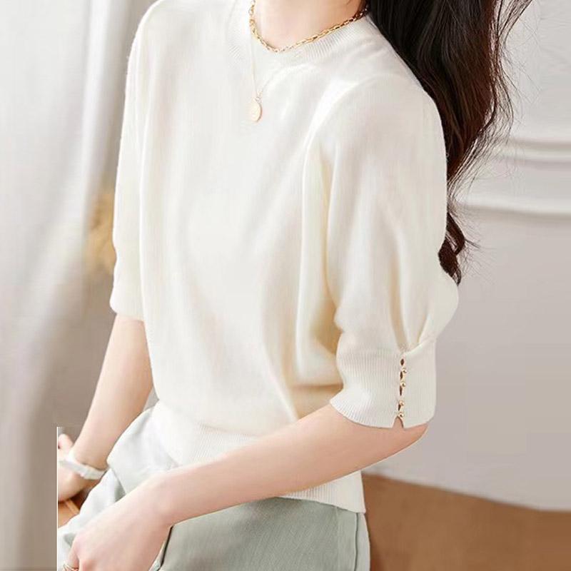 Women Sweaters Pullovers 2025 Summer Short Sleeve O-Neck Black White Knitted Sweater Women Tops Pullover JJ326