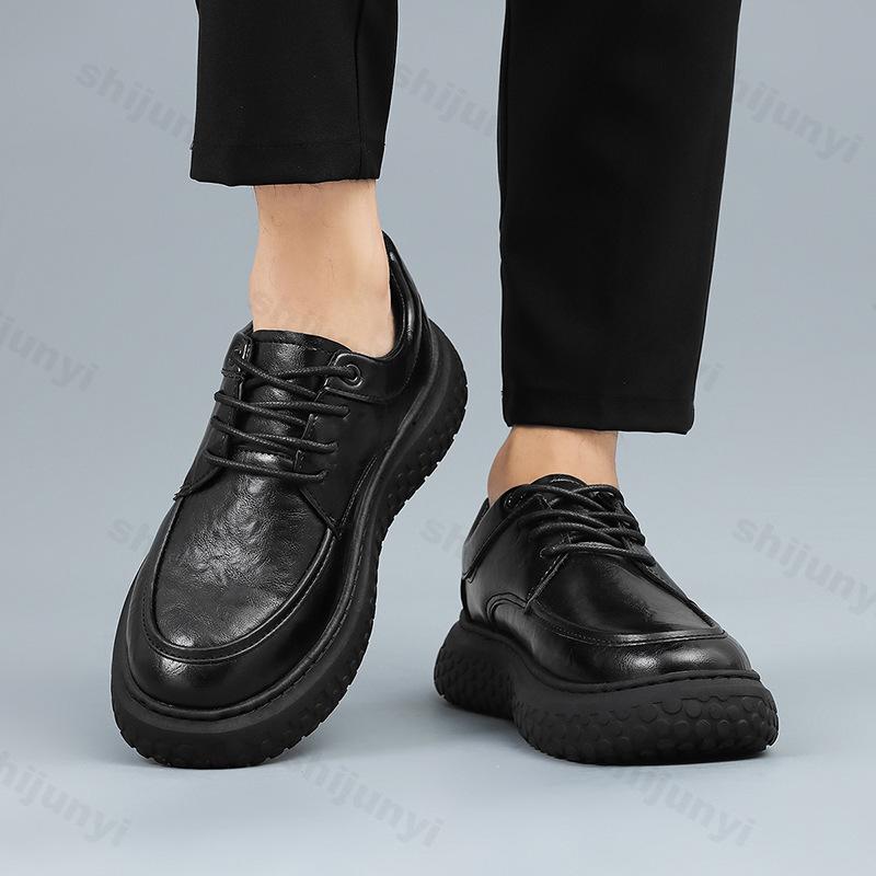 Men's Leather Shoes British Style Trendy Thick-soled Casual Shoes Anti-slip Wear-resistant Properties 2025 Autumn Black Loafers