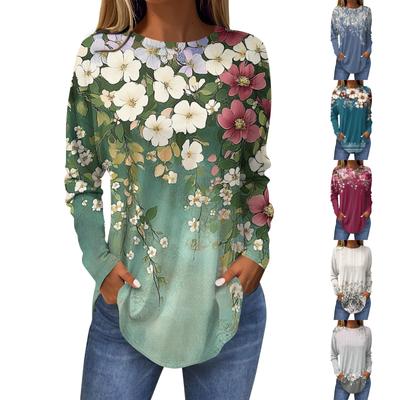 Women's Loose Round Neck Print Long Sleeve T-Shirt Top Pullover
