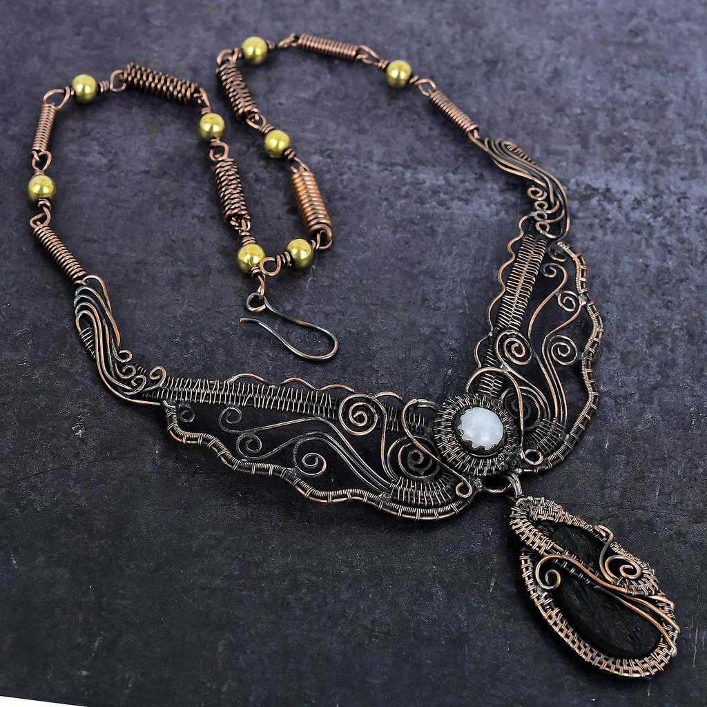 Black Tourmaline, Moonstone Gemstone Copper Wire Wrap Jewelry Necklace 18" C7j22