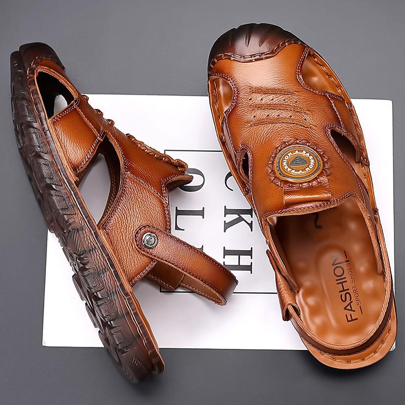 Summer new men's leather sandals dual-purpose leather handmade bag head sandals men's non-slip soft-soled beach shoes sandals tide