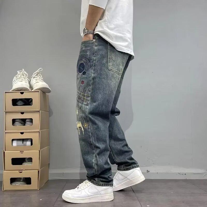 Washed Distressed Ripped Patched Embroidered Jeans Men's Slim Tapered Straight Leg Pants High Street Cool Baggy Trendy Trousers