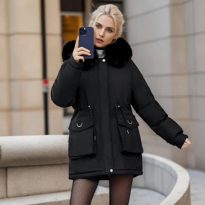 Women's Winter Solid Color Plus Velvet Warm Long Cotton-padded Jacket Loose and Comfortable Waist Coat