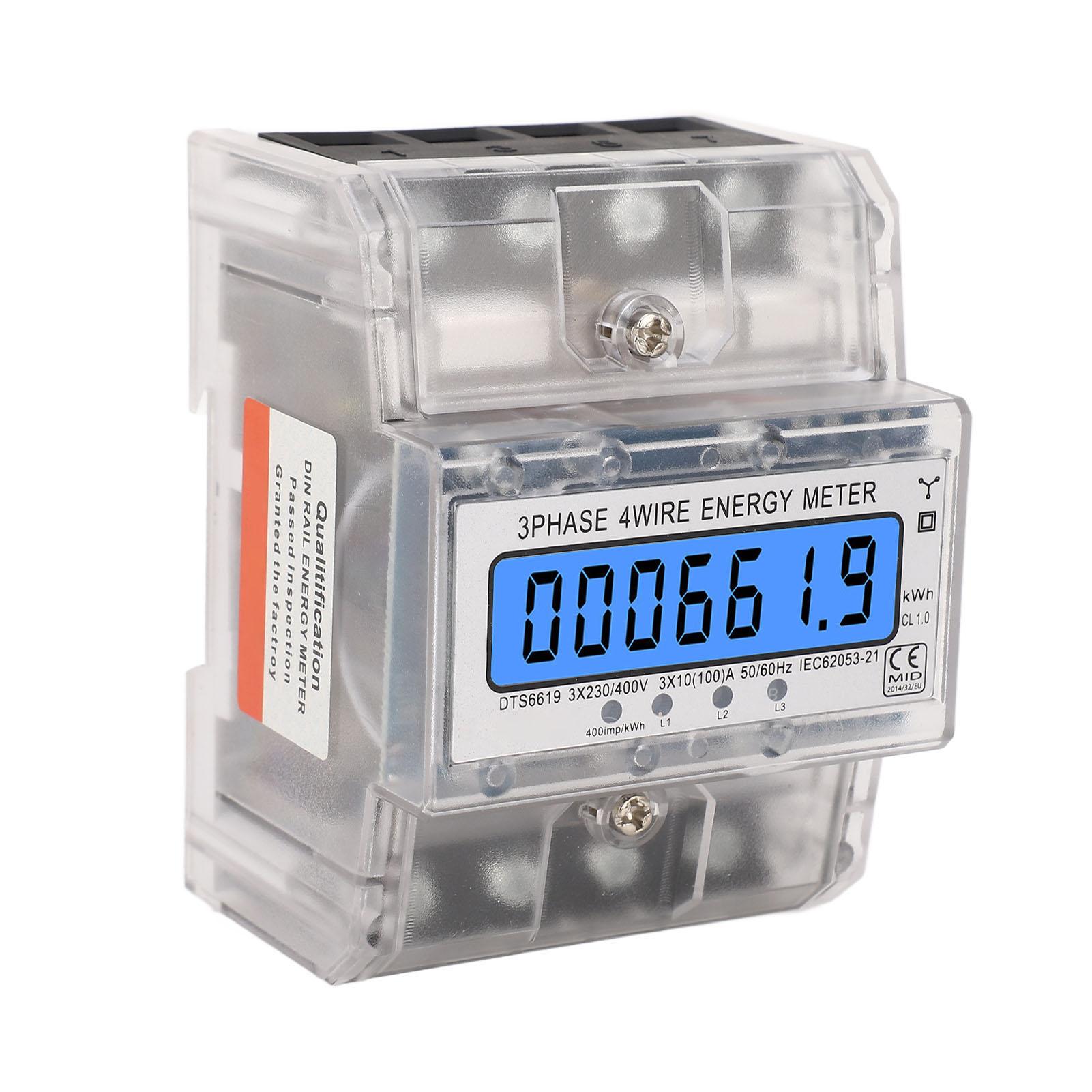 

Energy Meter 3 Phase 4 Wire Backlit LCD Display DIN Rail Installation Electricity Meter 10‑100A 230 400VAC