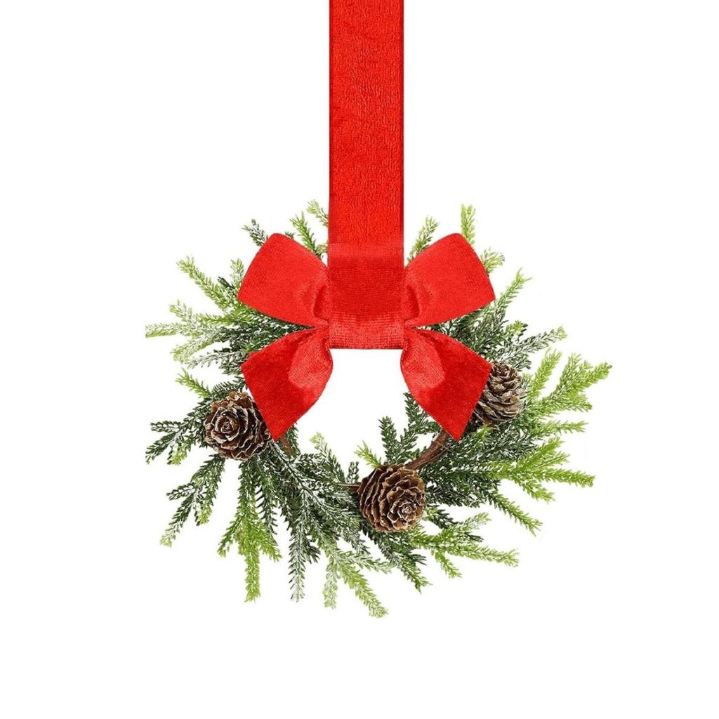Artificial Christmas Wreath for Front Door Winter Greenery Wreath with Red Berries and Velvet Bow for Holiday New Year Decor