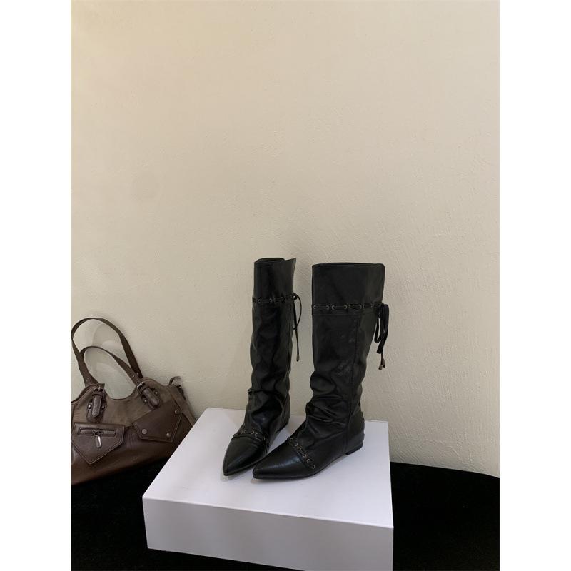 

2025 new pointed but knee western cowboy boots women s foldable tall boots wide tube wrinkled stacking boots 39