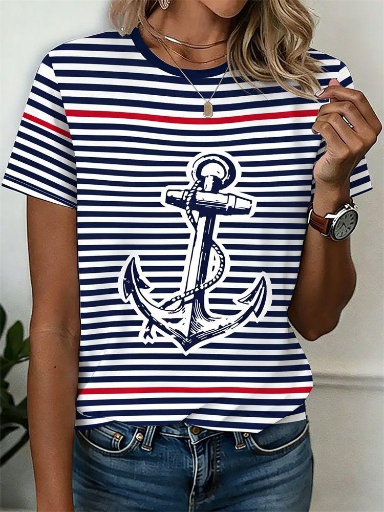 Summer Anchor Stripe 3D Print T-Shirts Women Casual Short Sleeve Round Neck T Shirt Harajuku Y2K Tees Top Female Street Clothing