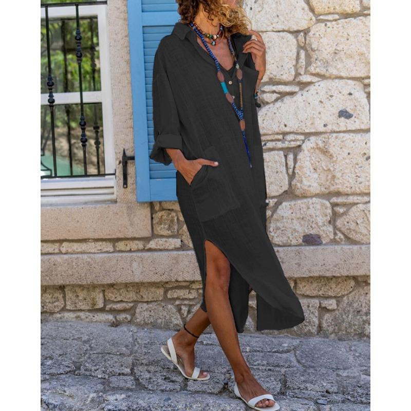 Nuova Lunga Camicia Vestito Casual Larga Spaccata Primavera Estate Donna Taglie Forti Moda Elegante Tasche Monocolore Vestiti da Festa Sottile Abbigliamento da Ufficio Donna