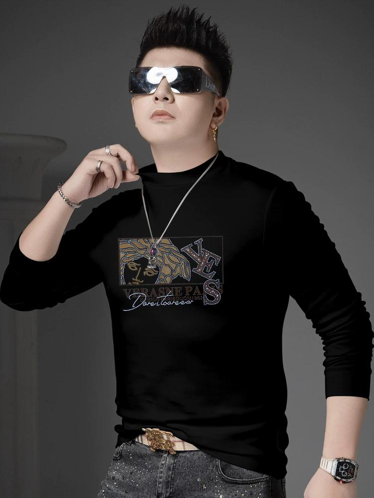 European Style Half-High Collar Long-Sleeve T-Shirt for Men, 2025 Autumn Trendy Brand Printed Rhinestone Casual Top Men's Base Shirt