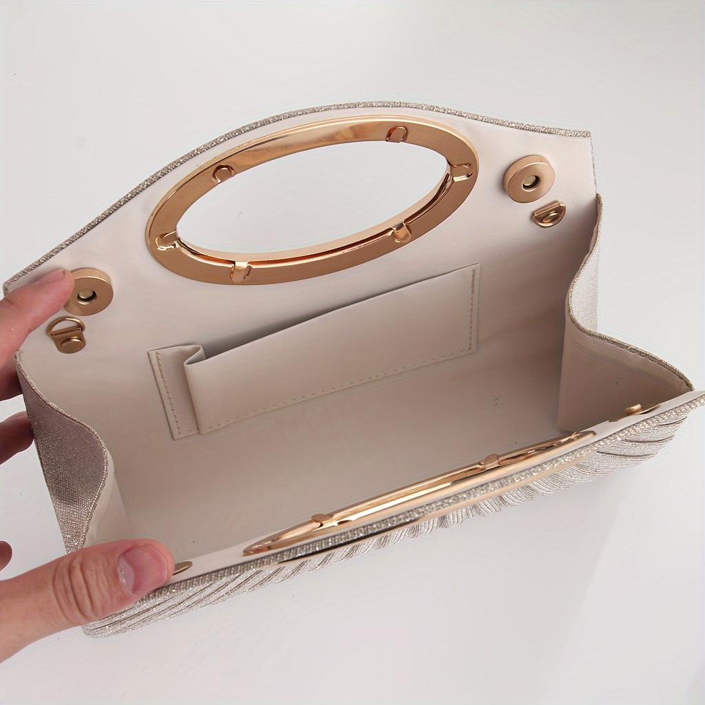Double Magnetic Button Glamorous Glitter Dinner Clutch Bag for Ladies with Metal Ring Handle Pleated Design Includes Necklace Crossbody Bag