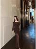 Women's Off-Shoulder Mesh Patchwork Pleated Dress - Slim Fit Waist-Cinching Long Skirt, Sexy Spring Style 