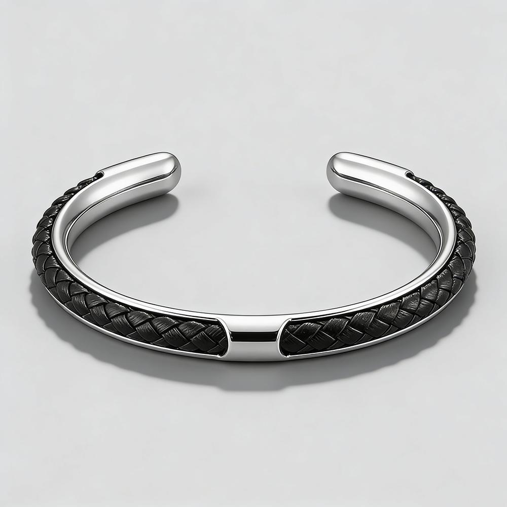 

Classic Men Stainless Steel Woven Leather Cuff Bracelet Bangles Fashion Minimalist Jewelry Pulseras Gift for Men