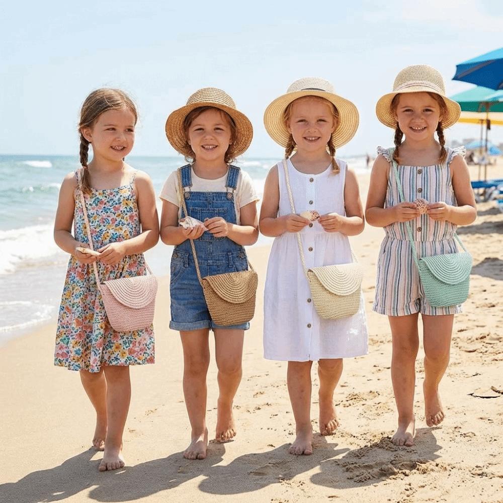 Pure Color Children Straw Bag Handmade Rattan Bag New Handwoven Beach Bag  Women